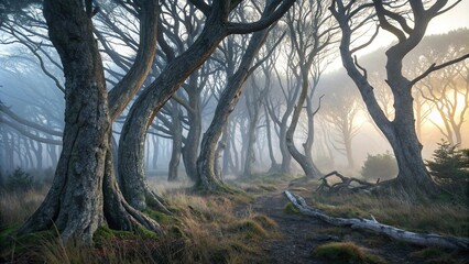 Fog swirls around a group of twisted trees their gnarled trunks like withered fingers reaching towards the sky, misty landscape, wild and untamed