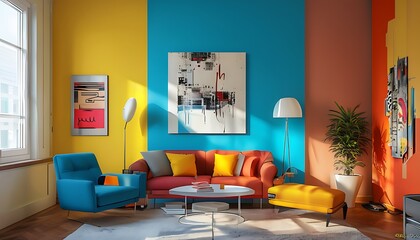 small living room modern furniture colorful walls and art pieces