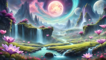 Ethereal landscape with waterfalls, pink flowers, and a large moon in a vibrant fantasy setting.