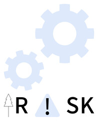 Two lightly colored cogs rotate above the word RISK with a warning symbol. Ideal for risk management, safety guidelines, industrial design, environmental awareness, engineering, process optimization