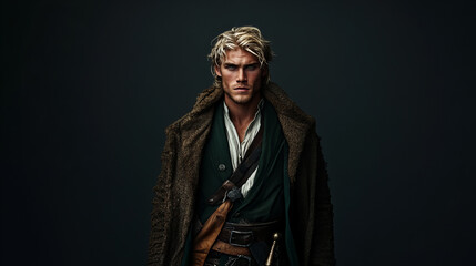 Obraz premium Adventurer in rugged attire poses dramatically with a determined expression in a dark setting