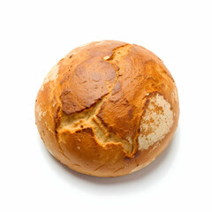 A perfectly round, golden-brown loaf of artisan bread with a rustic texture, placed in the center of a bright, white background.