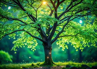 Enchanting Low Light Photography of a Majestic Green Tree Surrounded by Mystical Shadows and Gentle Light, Perfect for Nature Lovers and Tranquil Landscapes