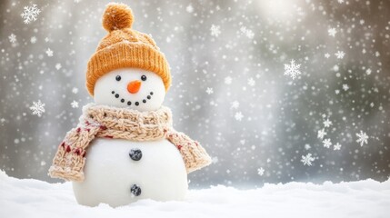 Obraz premium Winter wonderland with a cheerful snowman wearing a warm knitted hat and scarf amidst falling snowflakes