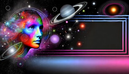 A futuristic artistic portrait of a woman's face surrounded by a planetary cosmic system, with vibrant planets, glowing orbits, and celestial elements encircling her head..