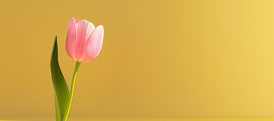 pink tulip flower plant stalk on yellow background 18