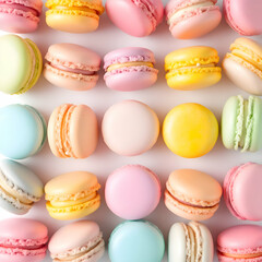 Obraz premium A row of colorful macarons in pastel shades arranged neatly, centered on a white background with no shadows.
