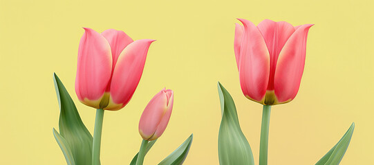 Obraz premium pink tulip flower plant stalk on yellow background 12