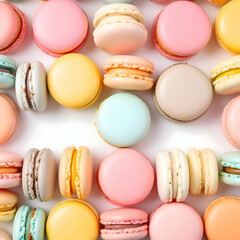 Obraz premium A row of colorful macarons in pastel shades arranged neatly, centered on a white background with no shadows.