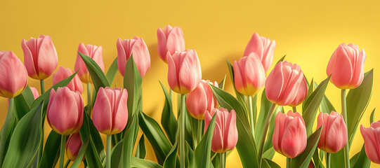 Obraz premium pink tulip flower plant stalk on yellow background 10
