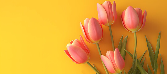 Fototapeta premium pink tulip flower plant stalk on yellow background 9