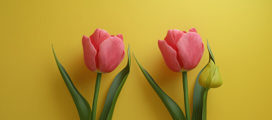 Obraz premium pink tulip flower plant stalk on yellow background 8
