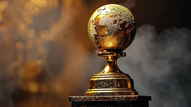A golden globe trophy shines prominently on a dark pedestal, elevated against a backdrop adorned with sparkling lights, evoking a festive atmosphere of achievement and celebration.