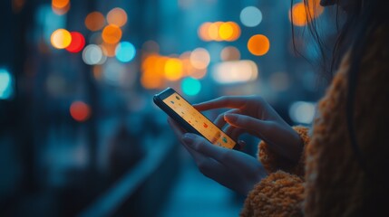 Woman using smartphone at night in city. (1)