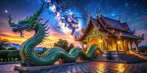 Obraz premium Enchanting Night Photography of a Thai Dragon Serpent Illuminating the Temples in Thailand’s Mystical Landscape