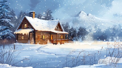 Fototapeta premium A whimsical illustration of a cozy cabin in a snowy winter landscape.