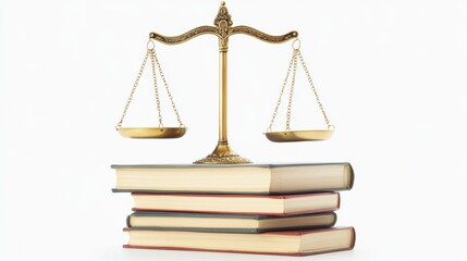 Golden scales of justice resting on stacked books against a white background
