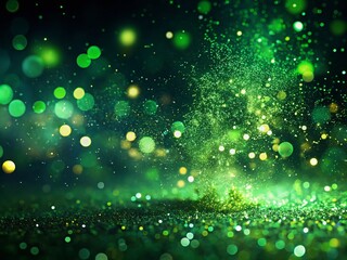 Enchanting Scene of Green Dust Bokeh Particles Floating in the Air Captured in Slow Motion with a Mystical Low Light Atmosphere for a Dreamy Visual Experience