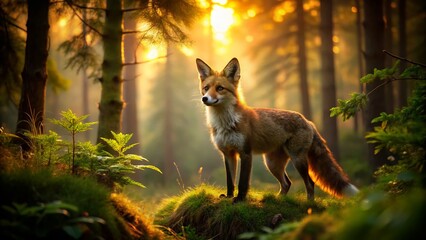 Enchanting Silhouette of a Beautiful Fox in a Lush Forest at Dusk, Capturing the Essence of Wildlife in Nature's Tranquil Embrace, Perfect for Animal Lovers and Nature Enthusiasts