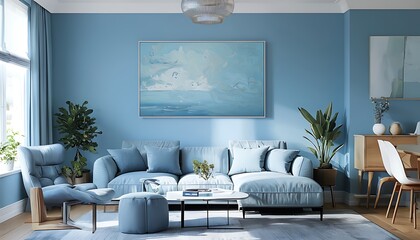 spacious living room with a calming blue wall painting