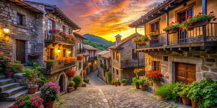 Enchanting Stone Village at Sunrise in SajaBesaya Natural Park, Barcena Mayor, Cantabria, Featuring Cobblestone Alleys and Flower-Adorned Wooden Balconies