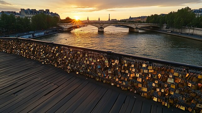 Golden hour view of the Seine River and a bridge covered in love locks in Paris, France.
