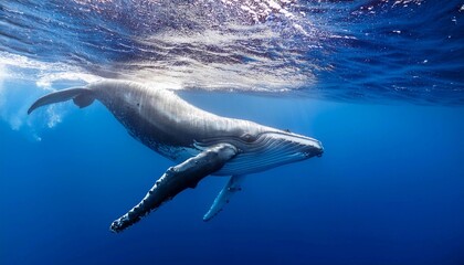 Naklejka premium blue whale (Balaenoptera musculus) swimming gracefully through the deep blue sea. is a marine mammal and a baleen whale.