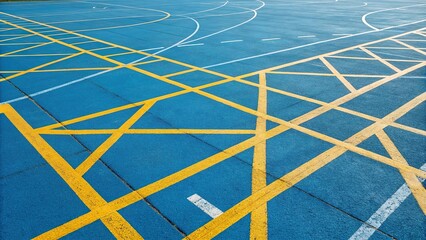 Geometric patterns on a bright blue background with yellow strokes, abstract design, simple patterns, minimalist style