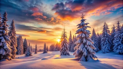 Enchanting Winter Landscape at Dusk: A Serene Scene of Snow-Covered Trees and Glowing Light Illuminating a Peaceful Winter Wonderland