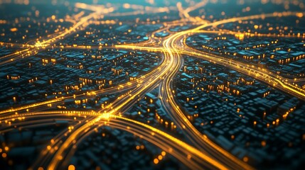 A 3D render of an AI-powered city grid, with glowing lines showing AI managing traffic and utilities.
