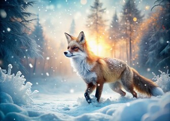 Enigmatic Fox Roaming Through a Dreamlike Snowy Landscape with Ethereal Lighting and Whimsical Elements Creating a Surreal Winter Wonderland Scene