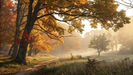 Golden light filtering through misty autumn foliage, serene, misty foliage, warm, landscape