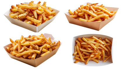 Four servings of golden-brown, crispy french fries in paper containers.
