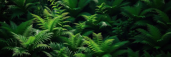 Green foliage and ferns in a shaded area, forest floor, natural scenery, shaded landscape