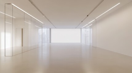 A contemporary office with white walls, large glass partitions, and minimalist decor, creating an open and airy environment, with a blank wall in the background ideal for a mock-up presentation.