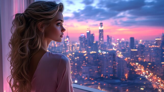 Fototapeta A woman on a floor of a building, inside a bedroom, the wall in front is completely made of glass, in the window you can see a New York style night city, 