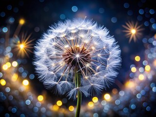 Fototapeta premium Ethereal White Dandelion Blowball with Bokeh Effect on Black Background, Capturing the Delicate Beauty of Nature, Perfect for Minimalist Decor and Nature Photography Lovers