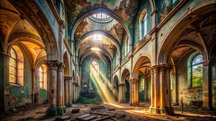 Obraz premium Evocative Low Light Photography of an Abandoned Church Interior in Galgauska, Latvia with Rays of Light Streaming Through Dusty Windows