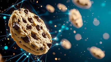 Anti tracking, cookies. A floating chocolate chip cookie surrounded by a digital blue background, creating a whimsical and modern culinary atmosphere.