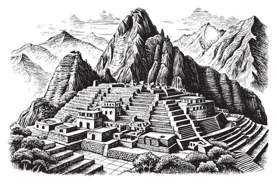 Machu Picchu sketch hand drawn drawing vector illustration