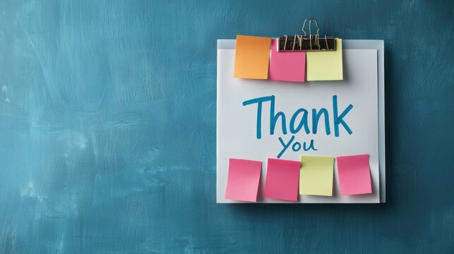 A colorful "Thank You" note with sticky notes on a blue background, conveying gratitude and appreciation in a creative and vibrant way.
