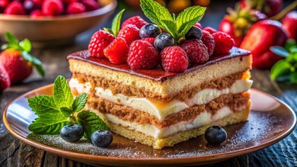 Exquisite Berry Tiramisu on Elegant Plate Surrounded by Fresh Fruits and Mint Leaves, Captured in Stunning Night Photography for Culinary Enthusiasts and Food Lovers