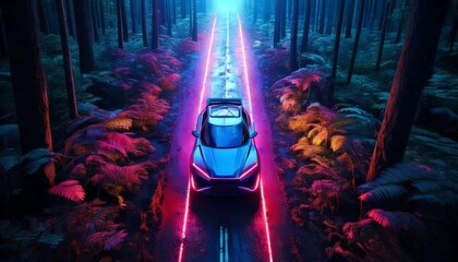 Futuristic car driving through neon forest path nature digital art nighttime aesthetic concept
