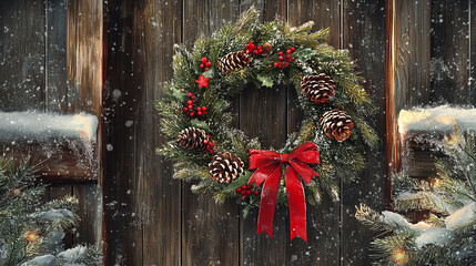 Christmas wreath on a rustic wooden door