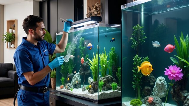Aquarium technician maintaining fish tanks with colorful fish in modern interior