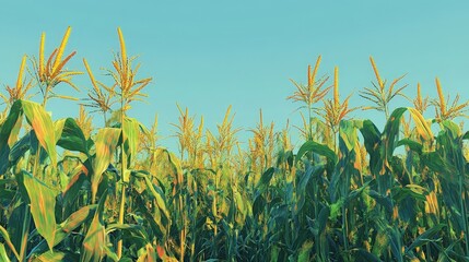 A field full of tall corn stalks with ripe corn cobs visible, their green husks partly peeled back to reveal the bright yellow kernels, under a clear blue sky.