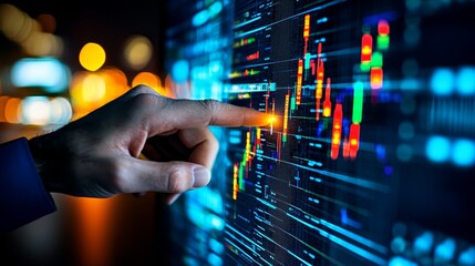 Investor Analyzing Stock Market Data on Interactive Display with Finger Pointing at Graphical Trends in Financial Information