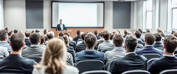 Obraz premium Business Conference Presentation with Engaged Audience and Speaker Raising Hand