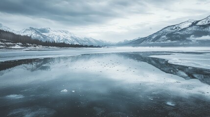 A frozen lake reflecting the grey winter sky, with distant mountains covered in snow visible in the background.