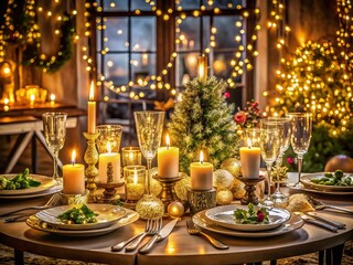 Festive New Year's Dinner Table with Flickering Candles and Twinkling Lights for a Magical Evening Celebration of New Beginnings and Togetherness in an Elegant Setting